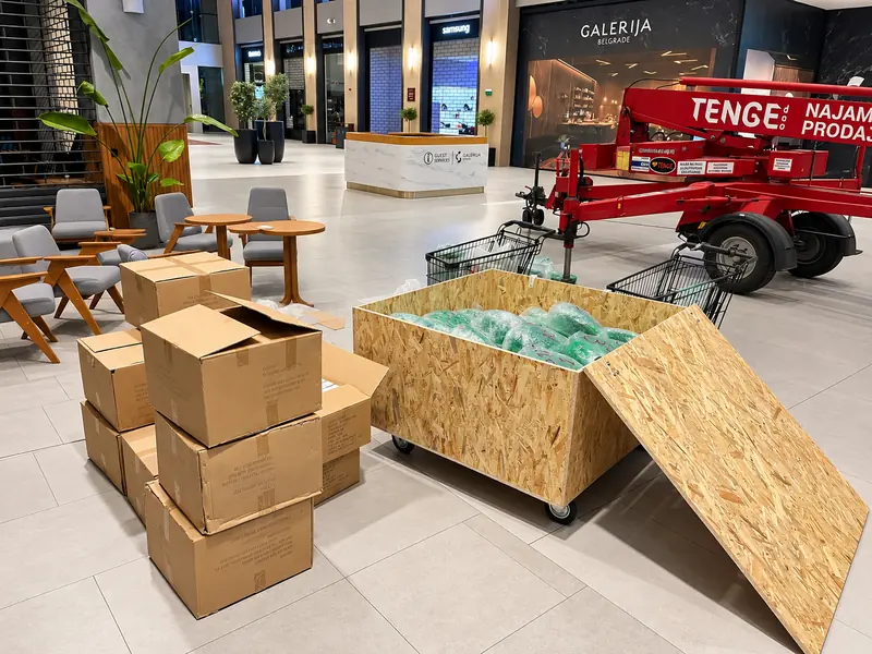 Caisses de transport ouvertes dans une galerie