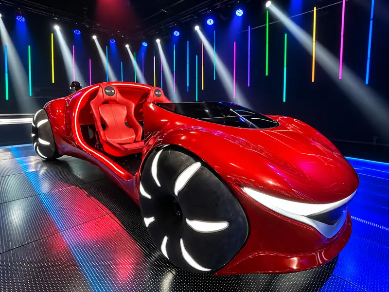Concept-car rouge en composite sur une scène éclairée