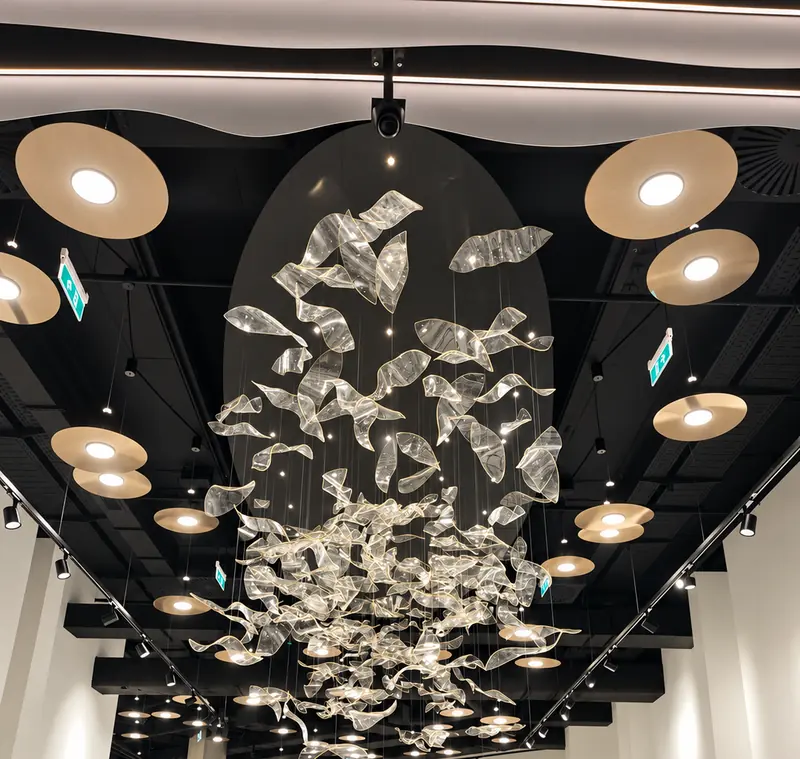 Pièces blanches suspendues sous un plafond noir